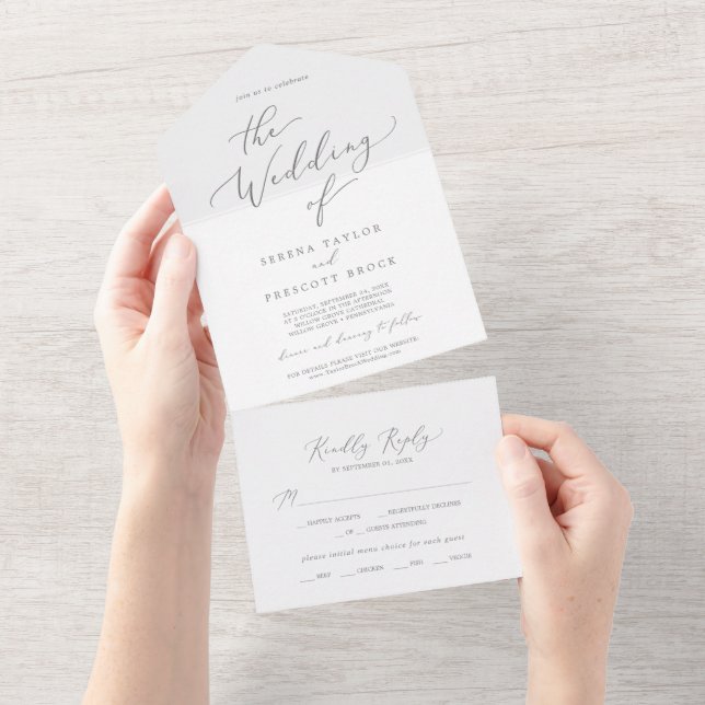 Delicate Silver Calligraphy Wedding All In One Invitation (Tearaway)