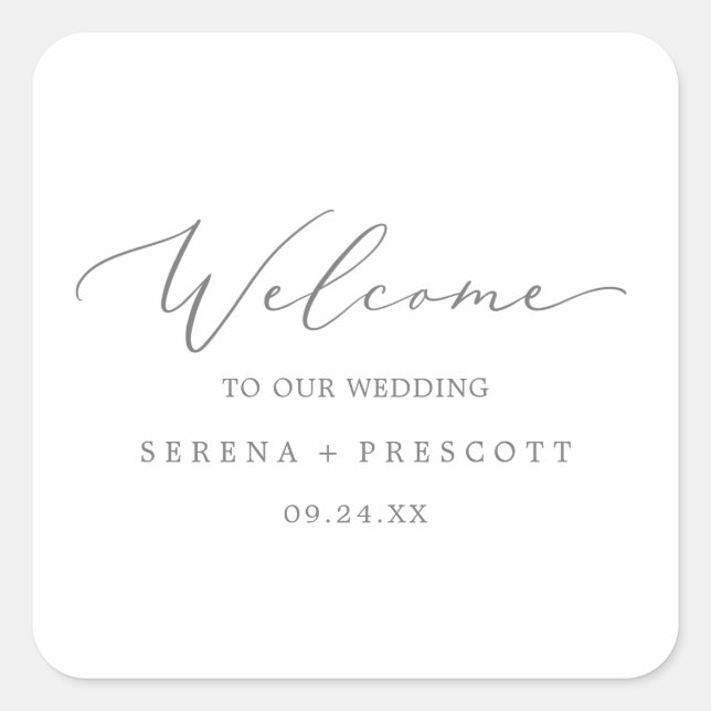 Delicate Silver Calligraphy Wedding Welcome Square Sticker (Front)