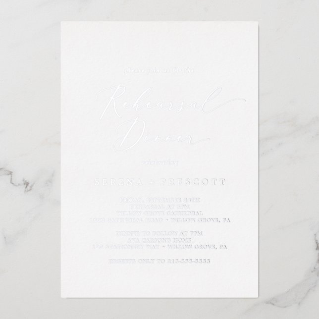 Delicate Silver Foil Calligraphy Rehearsal Dinner (Front)