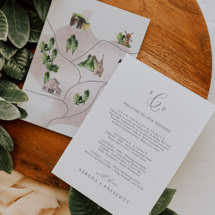 Delicate Silver Monogram Welcome Itinerary & Map Invitation