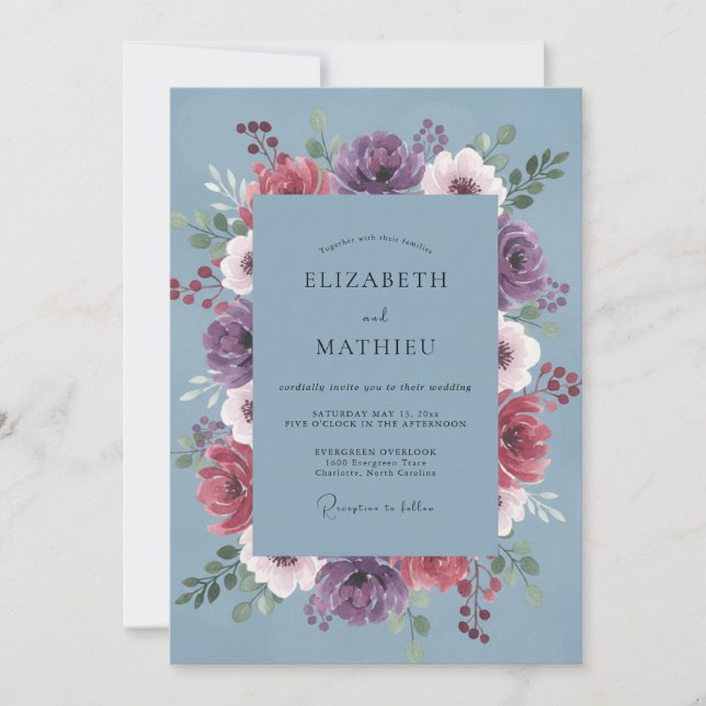 Delicate Slate Plum Peony Wedding Invitation (Front)