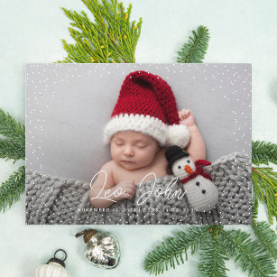 Delicate Snow Full Photo Baby Birth Holiday Card