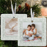 Delicate Snowflake Photo Frame Baby Birth Stats Ceramic Ornament<br><div class="desc">Baby birth stats photo ornament with delicate white snowflakes on a soft green background. The photo template is ready for you to add your baby photo, which is framed with your newborn birth stats. You can add the same photo or a different picture on the back, both of which are...</div>
