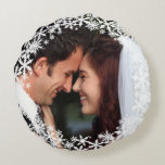 Delicate Snowflake Photo  Round Cushion<br><div class="desc">This is an elegant photo pillow accented with your favourite photo framed with delicate snowflakes. it is a revisable pillow, and is easy to customise with 2 different photos if preferred. It is perfect for wedding photos, a new baby or pet. If help is needed personalising this pillow , just...</div>