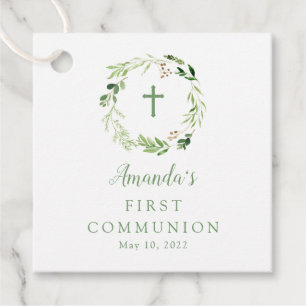 Delicate Soft Green Leaf Wreath First Communion Favour Tags