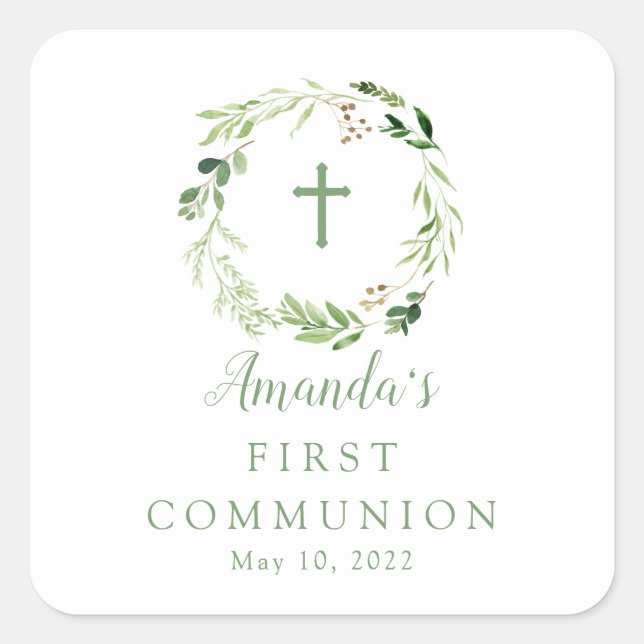 Delicate Soft Green Leaf Wreath First Communion  Square Sticker (Front)