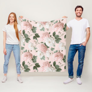 Delicate Soft Pink Rose White Floral Pattern Fleece Blanket