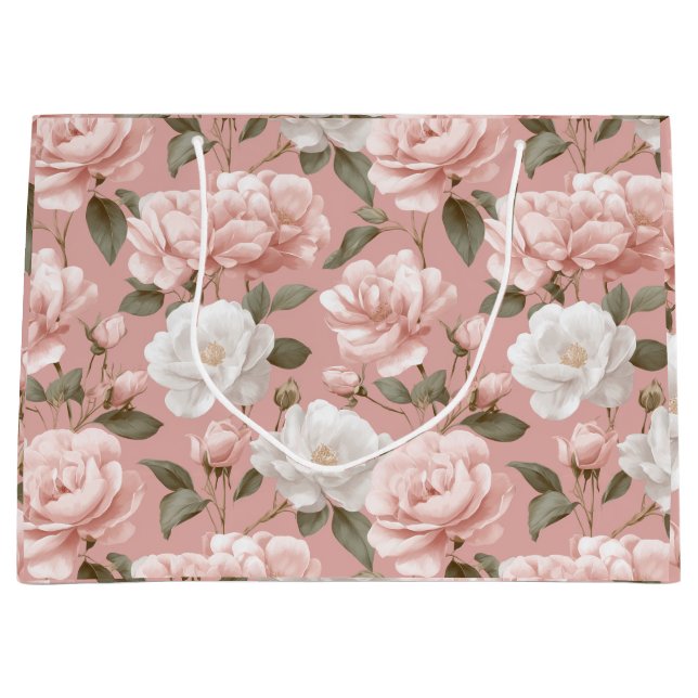 Delicate Soft Pink Rose White Floral Pattern Large Gift Bag (Front)