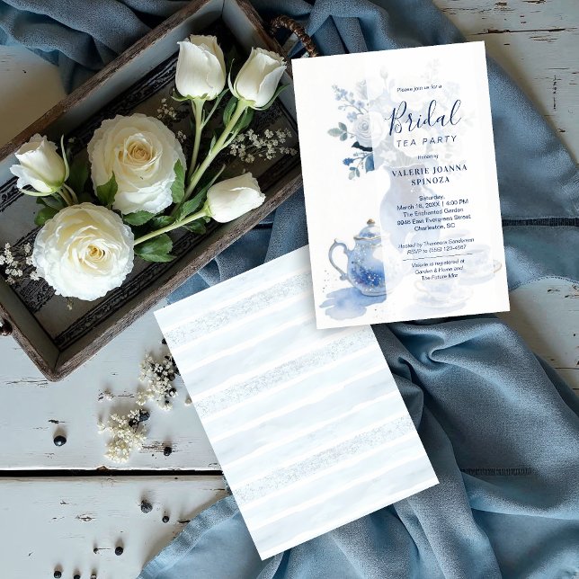 Delicate Sophisticated Blue Vintage Tea Set Invitation (Delicate Sophisticated Blue Vintage Tea Set Bridal Shower Invitations Cards. )