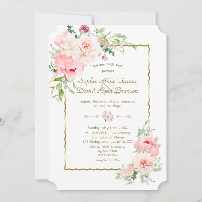 Delicate Spring Blush Flowers Gold Frame Wedding Invitation (Front)