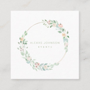 Delicate Spring floral Wreath Pink and Green Square Business Card