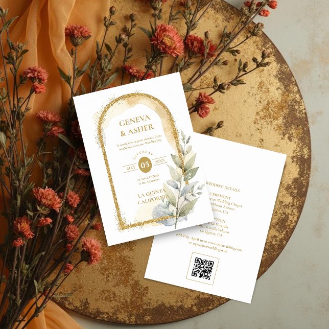 Delicate Spring Green & Beige Floral Arch Wedding Invitation (Delicate Spring Green & Beige Floral Arch Glitter Effect Wedding Invitation with Back QR Code.)
