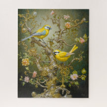 Delicate style ornate bird scene with pink flower