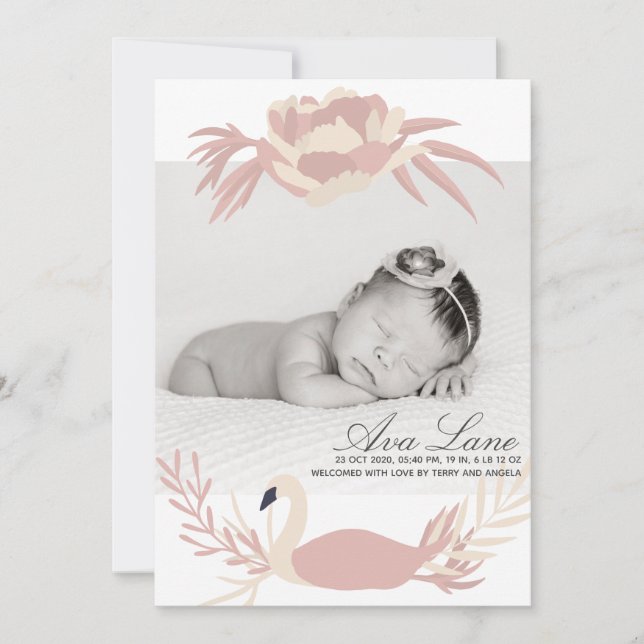 Delicate Swan Baby Girl Floral Pink Custom Photo Announcement (Front)