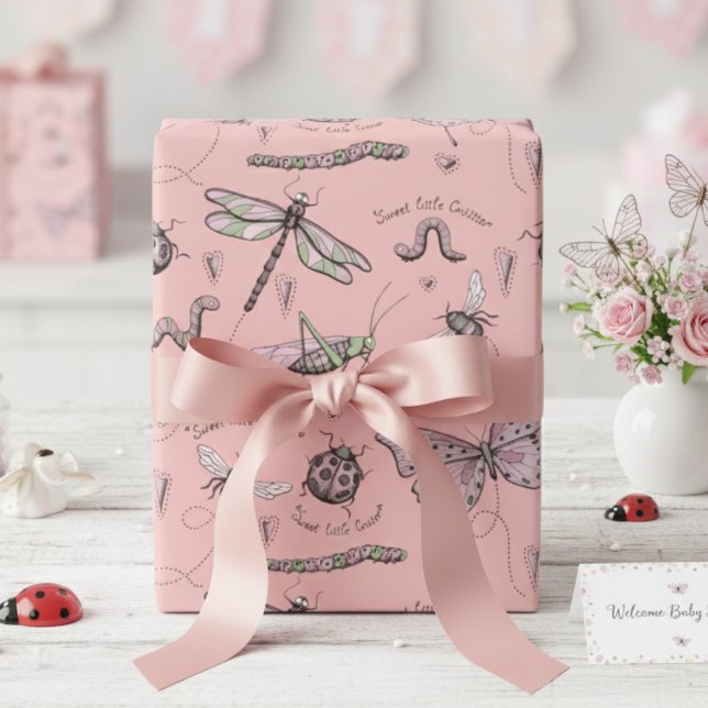 Delicate Sweet Little Critter Feminine Blush Pink Wrapping Paper (Cute Girly Pink Insect Wrapping Paper for Girl Baby Shower, Bug Birthday Party & 1st Bday for Kids)