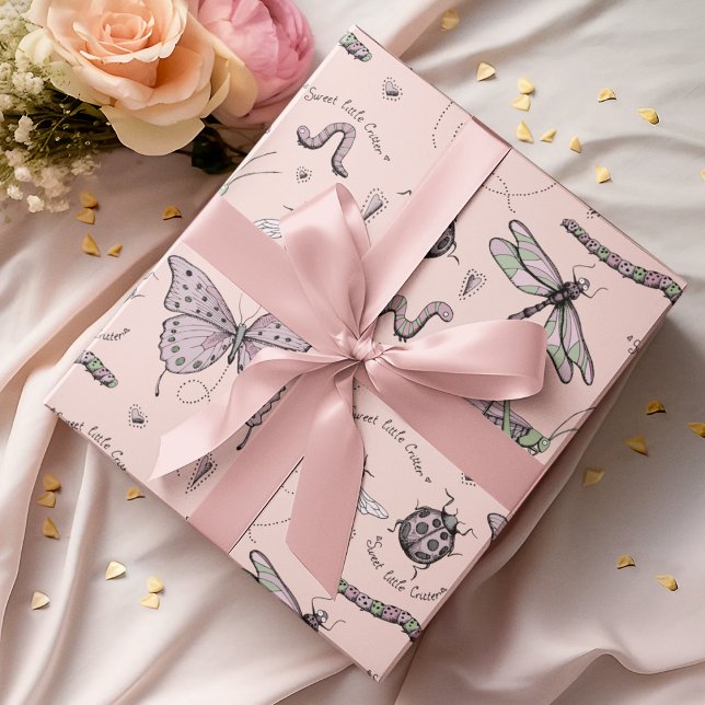 Delicate Sweet Little Critter Feminine Blush Pink  Wrapping Paper (An adorable, feminine yet whimsical Insect Wrapping Paper pattern for baby girls or mothers-to-be :))