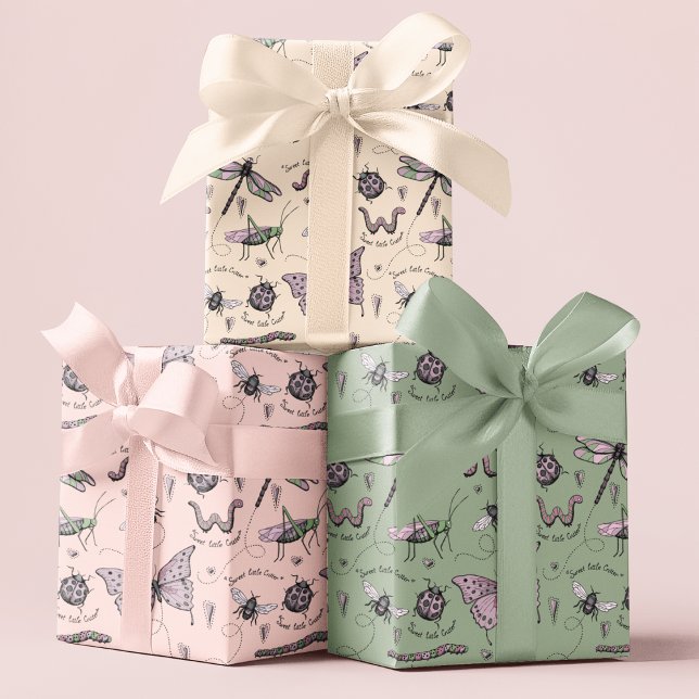 Delicate Sweet Little Critter Feminine Blush Pink Wrapping Paper Sheet (An adorable, feminine BLUSH PINK Insect Wrapping Paper pattern for baby girls or mothers-to-be :))