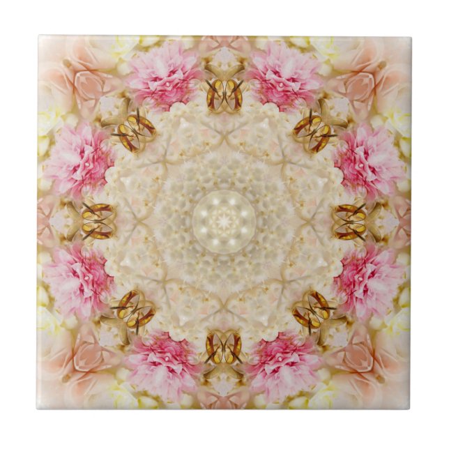Delicate Taupe & Pink Mandala Design Ceramic Tile, Tile (Front)