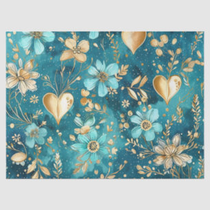 Delicate Teal & Gold Floral & Hearts Decoupage Tissue Paper