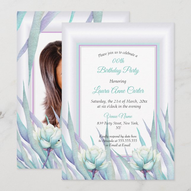 Delicate Teal Purple Floral Photo Birthday Invitation (Front/Back)