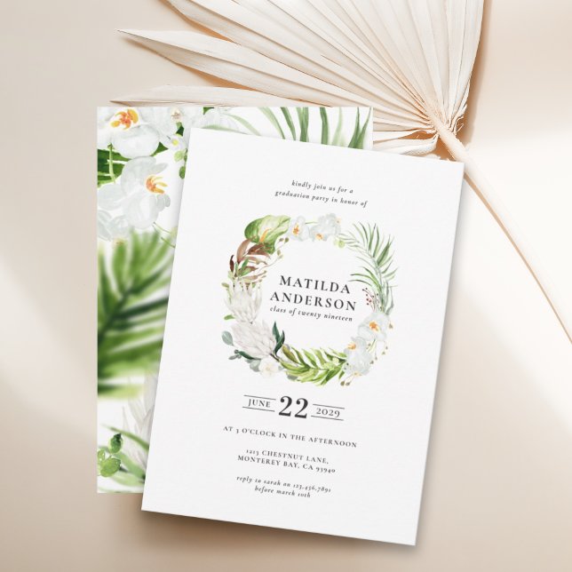 Delicate tropical floral wreath graduation invite (Creator Uploaded)