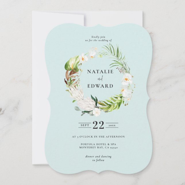 Delicate tropical floral wreath wedding invitation (Front)