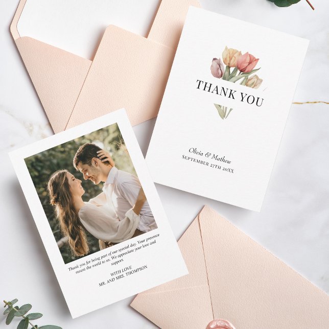 Delicate Tulip Watercolor Photo Message Wedding Thank You Card (Creator Uploaded)