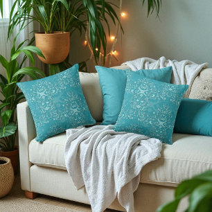 Delicate Two Tone Fancy Floral Teal Damask Cushion