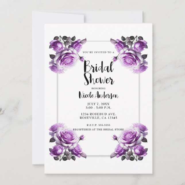 Delicate Vibrant Purple Roses Bridal Shower  Invitation (Front)