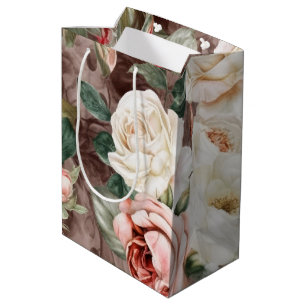 Delicate Vintage Blush Pink and White Roses Medium Gift Bag