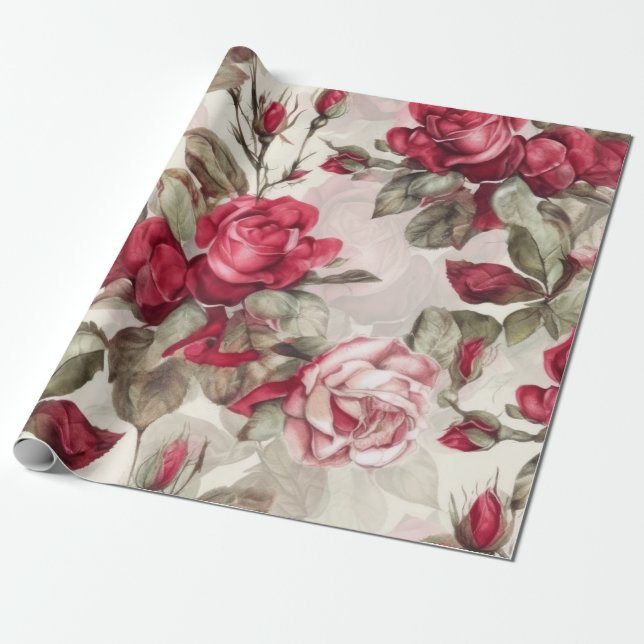Delicate Vintage Pink and Red Roses  Wrapping Paper (Unrolled)