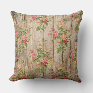 Delicate Vintage Pink and White Floral on Wood Cushion