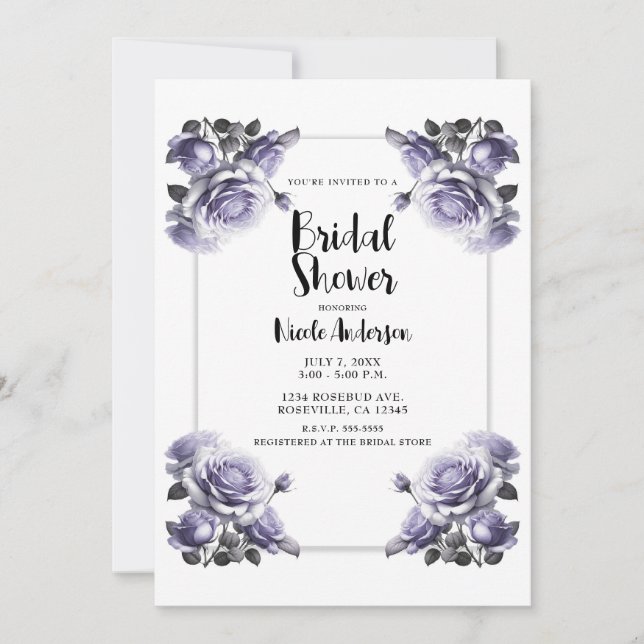 Delicate Violet Lavender Roses Bridal Shower  Invitation (Front)