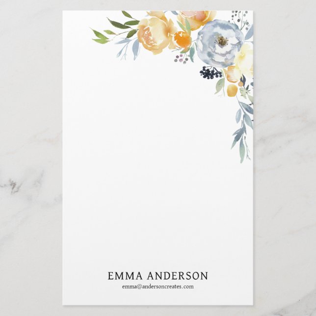 Delicate Watercolor Apricot & Dusty Blue Floral Stationery (Front)
