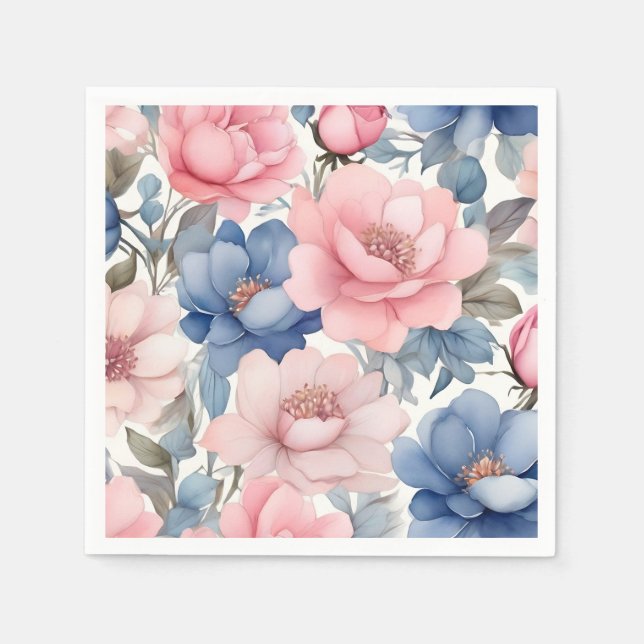 Delicate Watercolor Blue And Pink Flowers Pattern Napkin (Front)