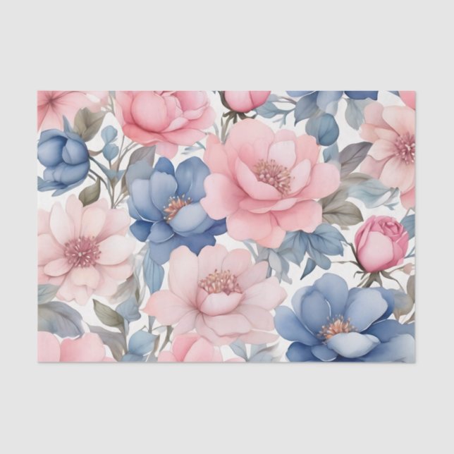 Delicate Watercolor Blue And Pink Flowers Pattern Tissue Paper (Front)