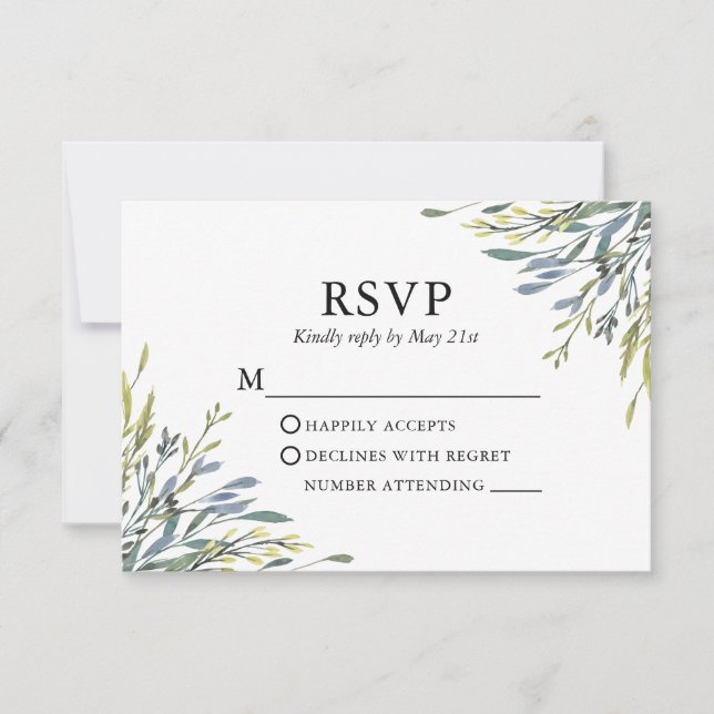 Delicate Watercolor Botanical Greenery Wedding RSVP Card (Front)