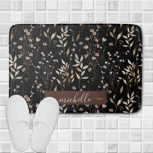 Delicate Watercolor Brown Flowers Leaves Pattern Bath Mat