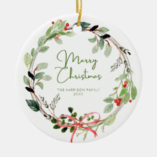 Delicate Watercolor Christmas Wreath Ceramic Tree Decoration