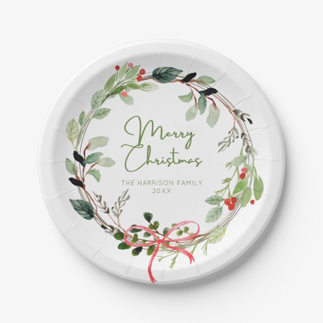 Delicate Watercolor Christmas Wreath Paper Plate (Front)