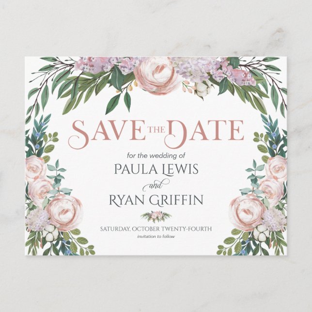 Delicate Watercolor Floral Bloom Save the Date Postcard (Front)
