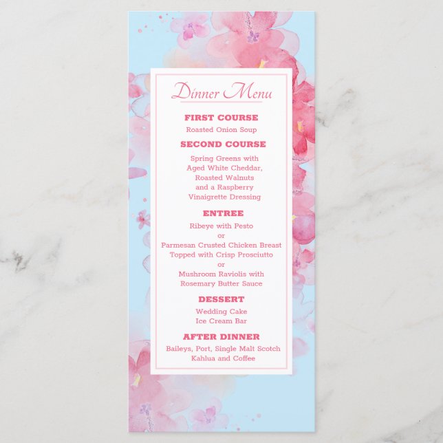 Delicate Watercolor Floral Blue Wedding Menu (Front)