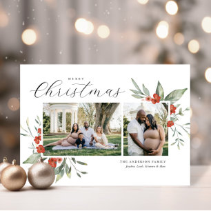 Delicate Watercolor Floral Merry Christmas Photo Holiday Card