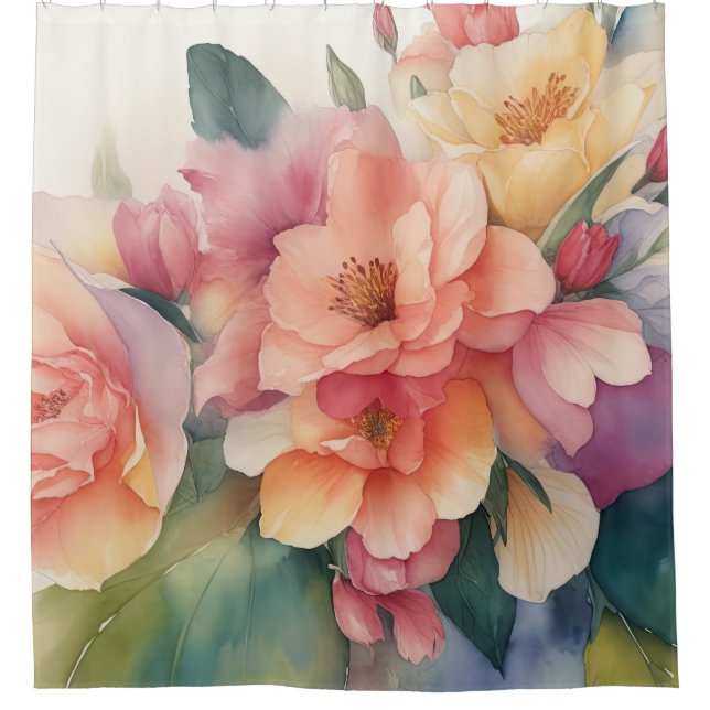 Delicate Watercolor Floral Painting Shower Curtain (Front)