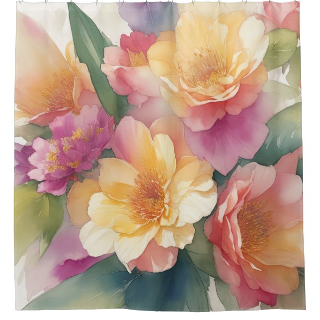 Delicate Watercolor Floral Painting Shower Curtain (Front)