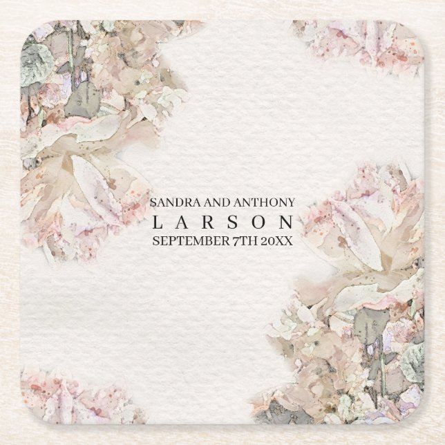 Delicate Watercolor Floral Wedding  Square Paper Coaster (Front)