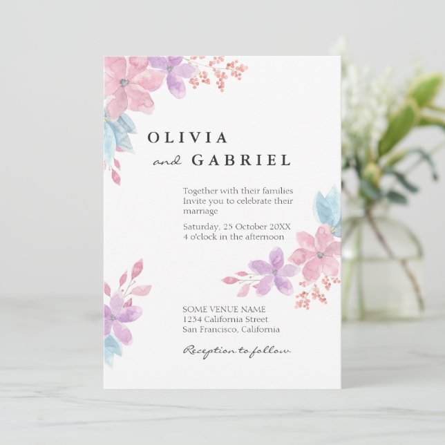 Delicate watercolor flowers botanical boho wedding invitation (Standing Front)
