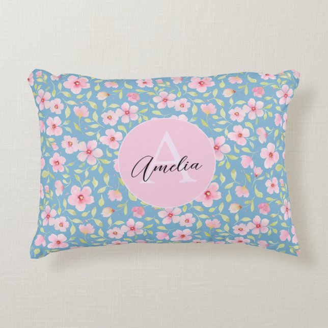 Delicate watercolor flowers decorative cushion (Front)