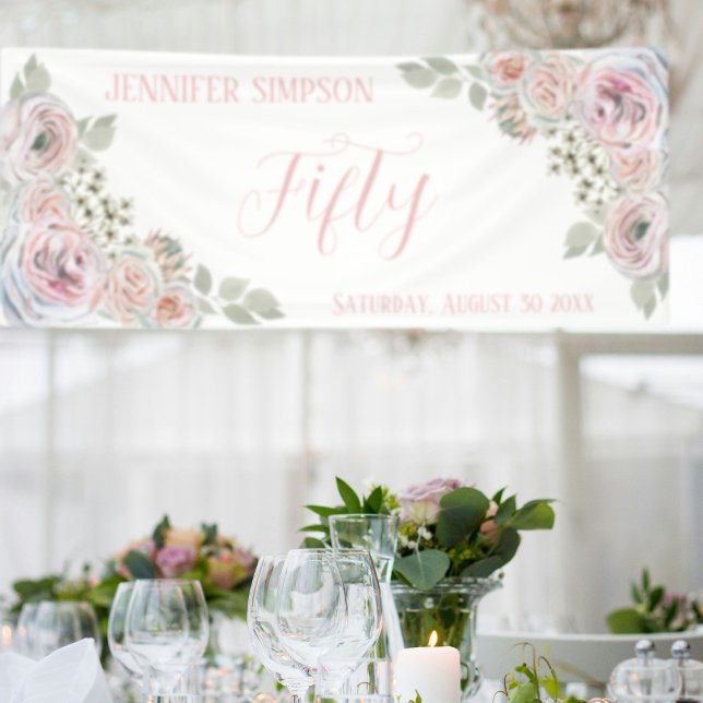 Delicate watercolor flowers palepink 50th Birthday Banner (Background Photo by Evelina Friman on Unsplash)