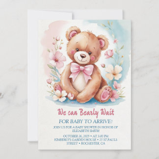 Delicate watercolor forest bear in flowers invitation
